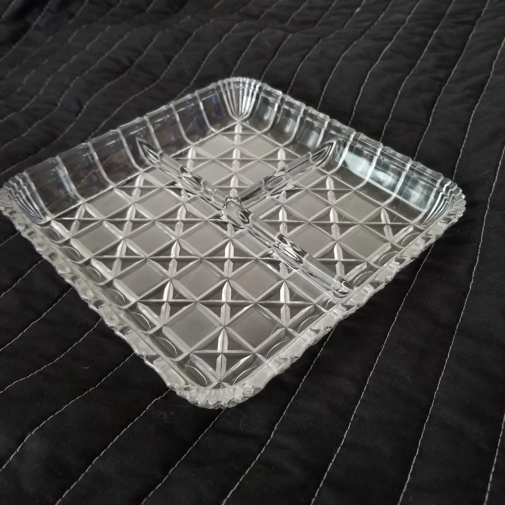 VTG Art Deco Indiana Glass Cut Glass #267 Square Block & Star 3-section Dish